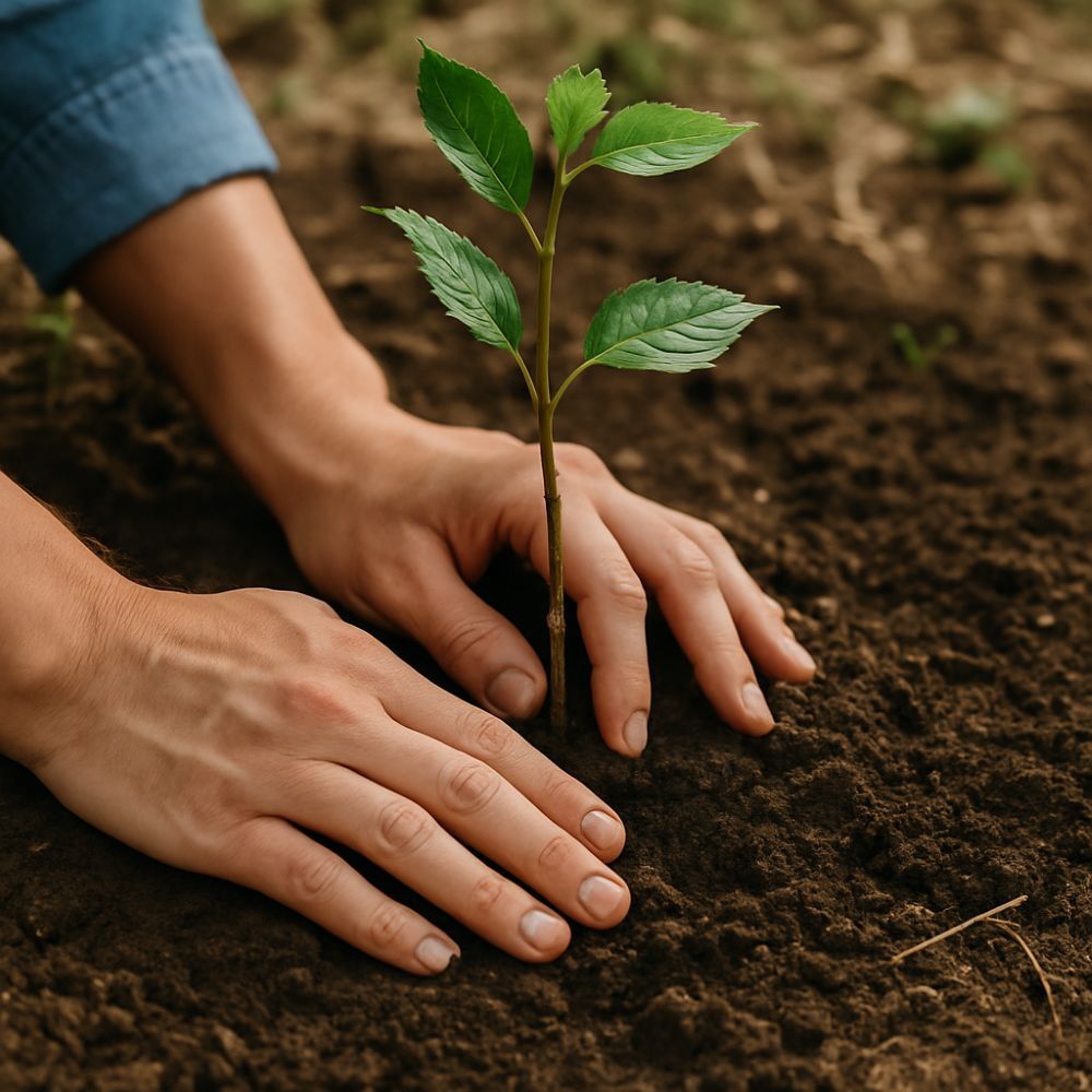Hands planting a young tree